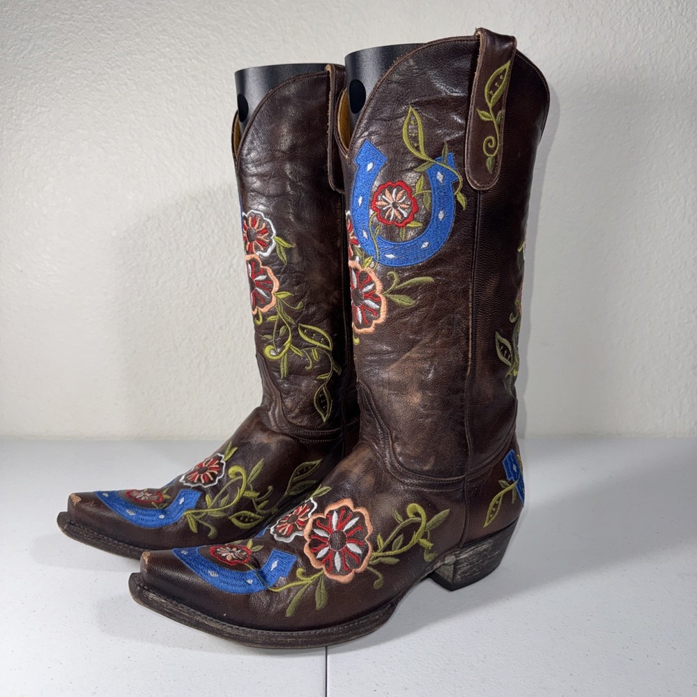 Old Gringo Lucky Horseshoe Floral Embroidered Brown Leather Cowgirl Boots 9B⁠